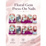 Purple Contrast 3D Floral Press‑On Nails, Medium‑Long Tapered False Nails with Glitter Powder, Rhinestones & Star Gem
